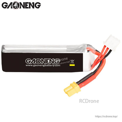Side view showing GAONENG branding panel on the long LiPo battery with XT30 and balance lead