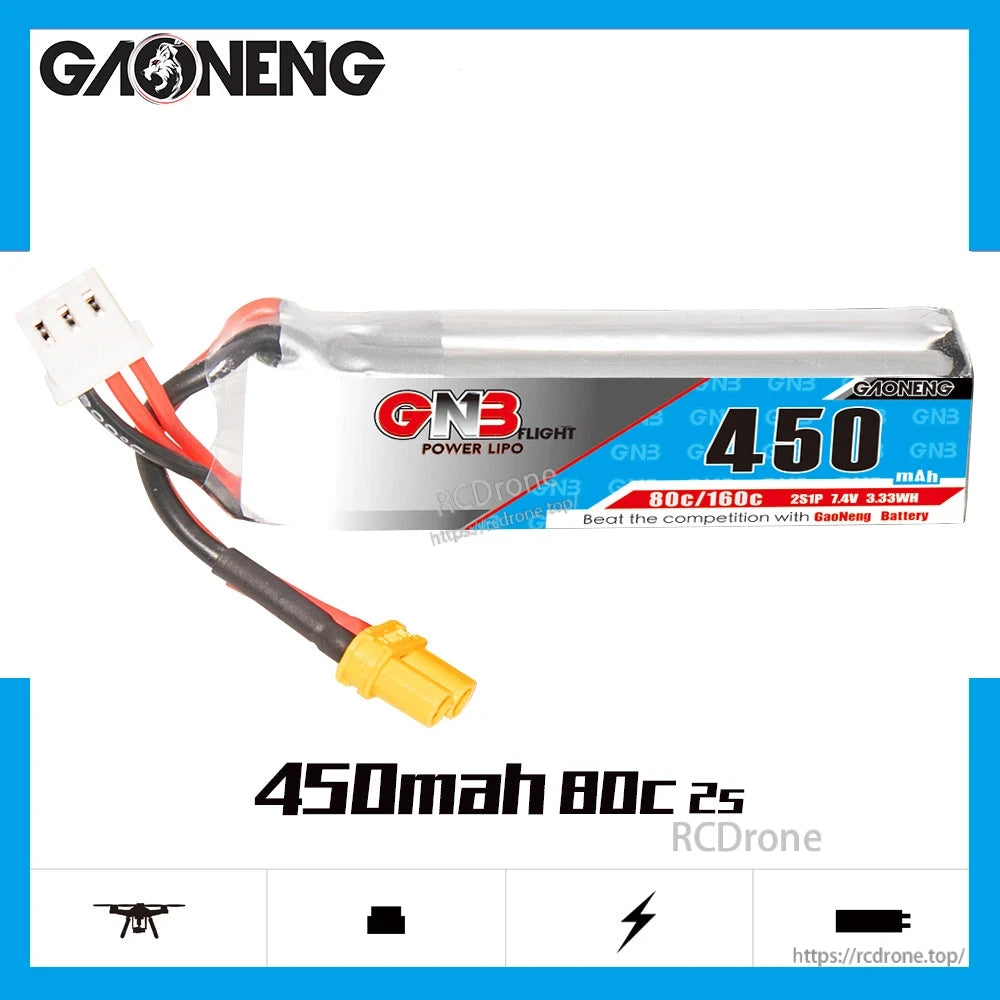 GAONENG GNB4502S80A 450mAh 80C 2S LiPo battery with XT30 lead on white background