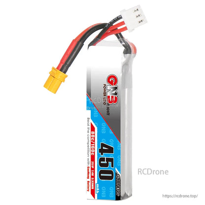 Front label close-up of GNB 450mAh long LiPo pack showing 80C/160C rating and wiring