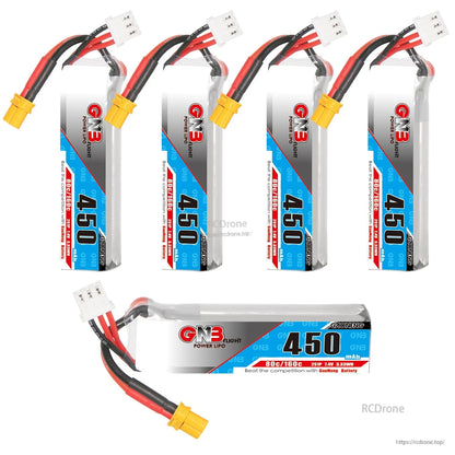 Multiple views of the long 450mAh LiPo battery shown upright and horizontal with connectors visible