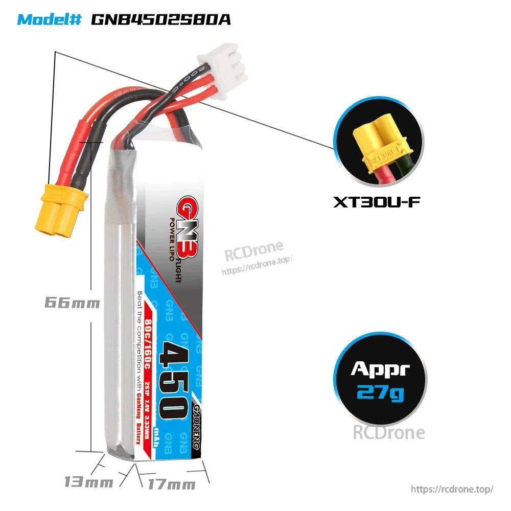 GNB4502S80A battery size and weight diagram, 66mm length with XT30U-F connector, approx 27g