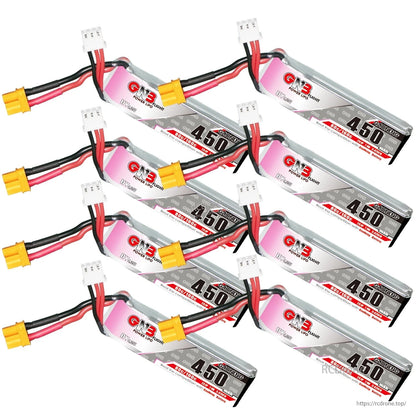 Eight GNB 450 LiHV batteries arranged diagonally, highlighting XT30 plugs and balance connectors