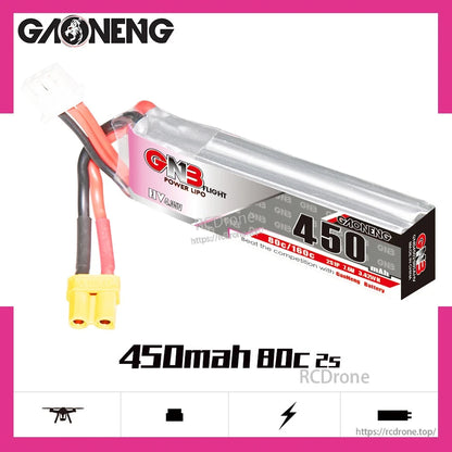 GAONENG GNB 450mAh 80C 2S LiHV battery product graphic with 450mAh 80C text