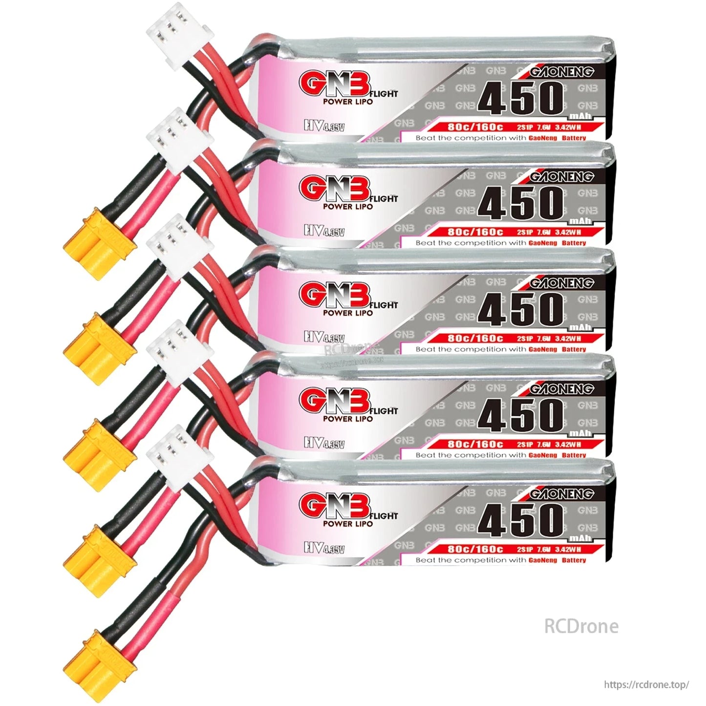 Five GNB 450mAh LiHV 2S batteries stacked, showing printed labels and XT30 leads aligned