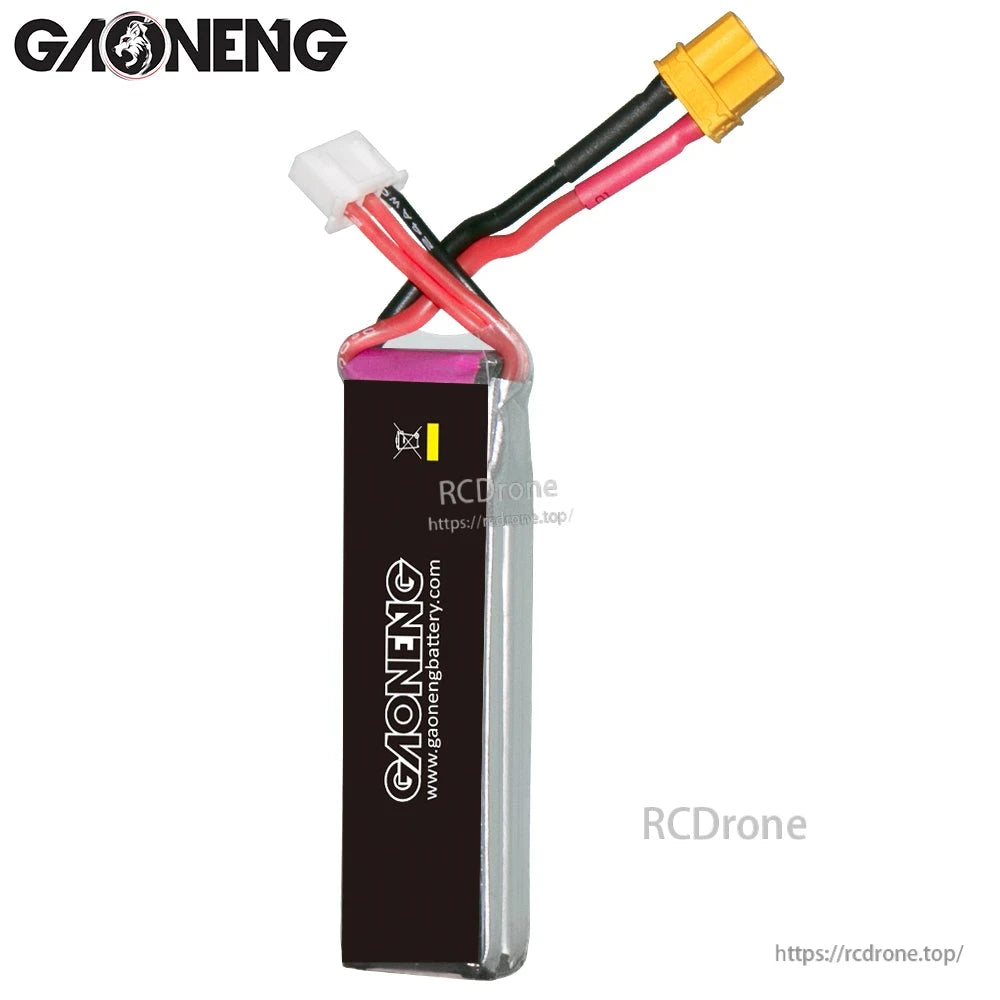Rear side view of GAONENG GNB battery with black wrap, warning icon, and attached XT30 lead