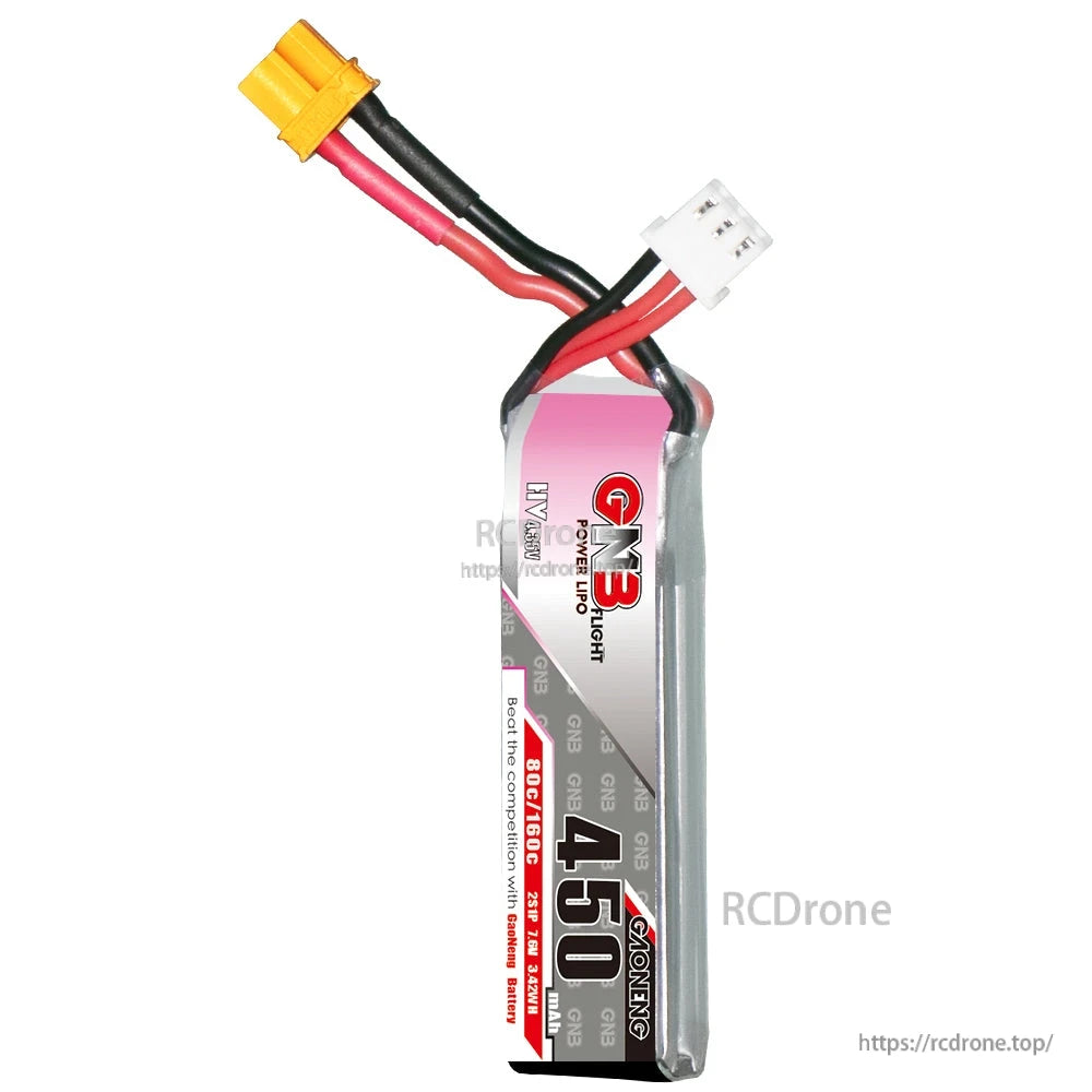 Front label close-up of GNB 450 LiHV battery showing wiring, XT30 connector and balance lead