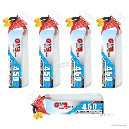 Five GNB 450mAh long LiPo batteries shown together, four upright plus one horizontal side view
