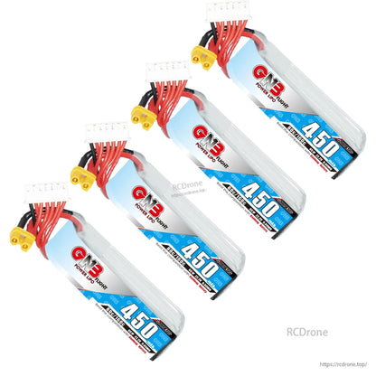 Four GNB 450mAh long LiPo batteries arranged diagonally, each with XT30 connector and balance lead