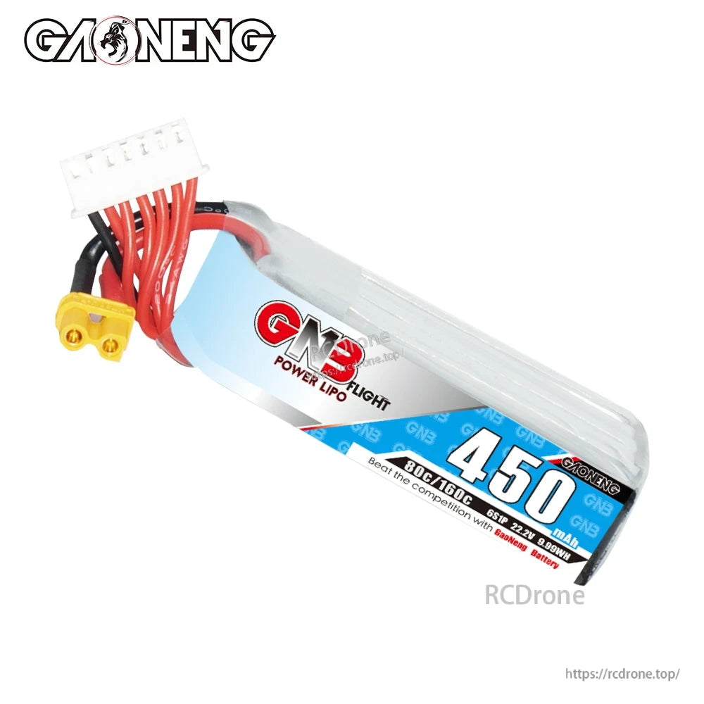 GNB 450mAh long LiPo battery with XT30 plug and white balance connector, angled front label