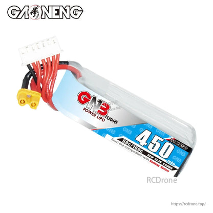 GNB 450mAh long LiPo battery with XT30 plug and white balance connector, angled front label