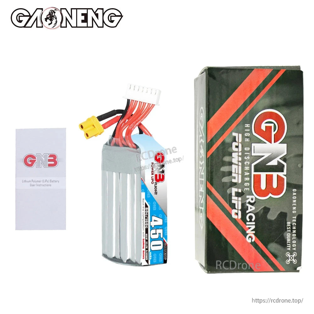 Package contents: GNB 450mAh long battery with user leaflet and GNB Racing retail box