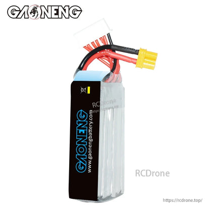 Side view with GAONENG branding, showing battery thickness and exit wires to XT30 connector