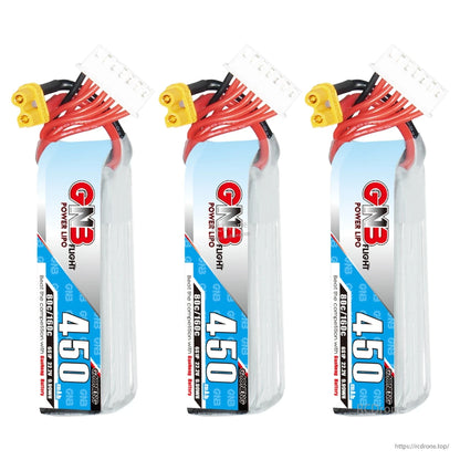 Three GAONENG GNB 450mAh long LiPo batteries shown upright with XT30 and balance leads
