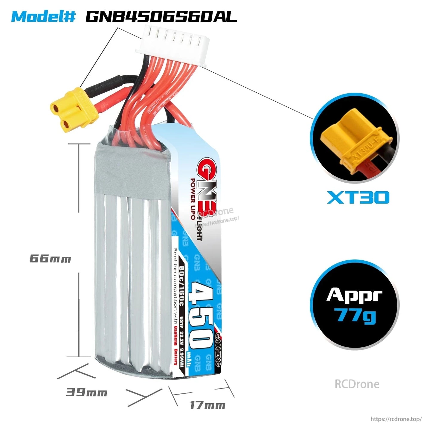 GNB4506S80AL size and weight diagram: 66×39×17mm, XT30 connector close-up, approx 77g