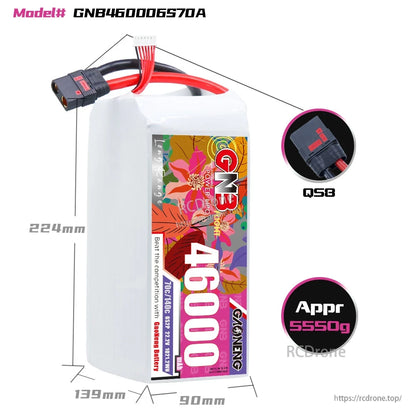GNB460006S70A battery dimensions diagram with QS8 connector and approx 5550g weight