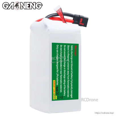 Rear view with green safety warning label on GAONENG GNB LiPo battery pack