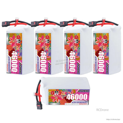 Five-pack layout: four upright GNB 46000 LiPo batteries plus one horizontal battery