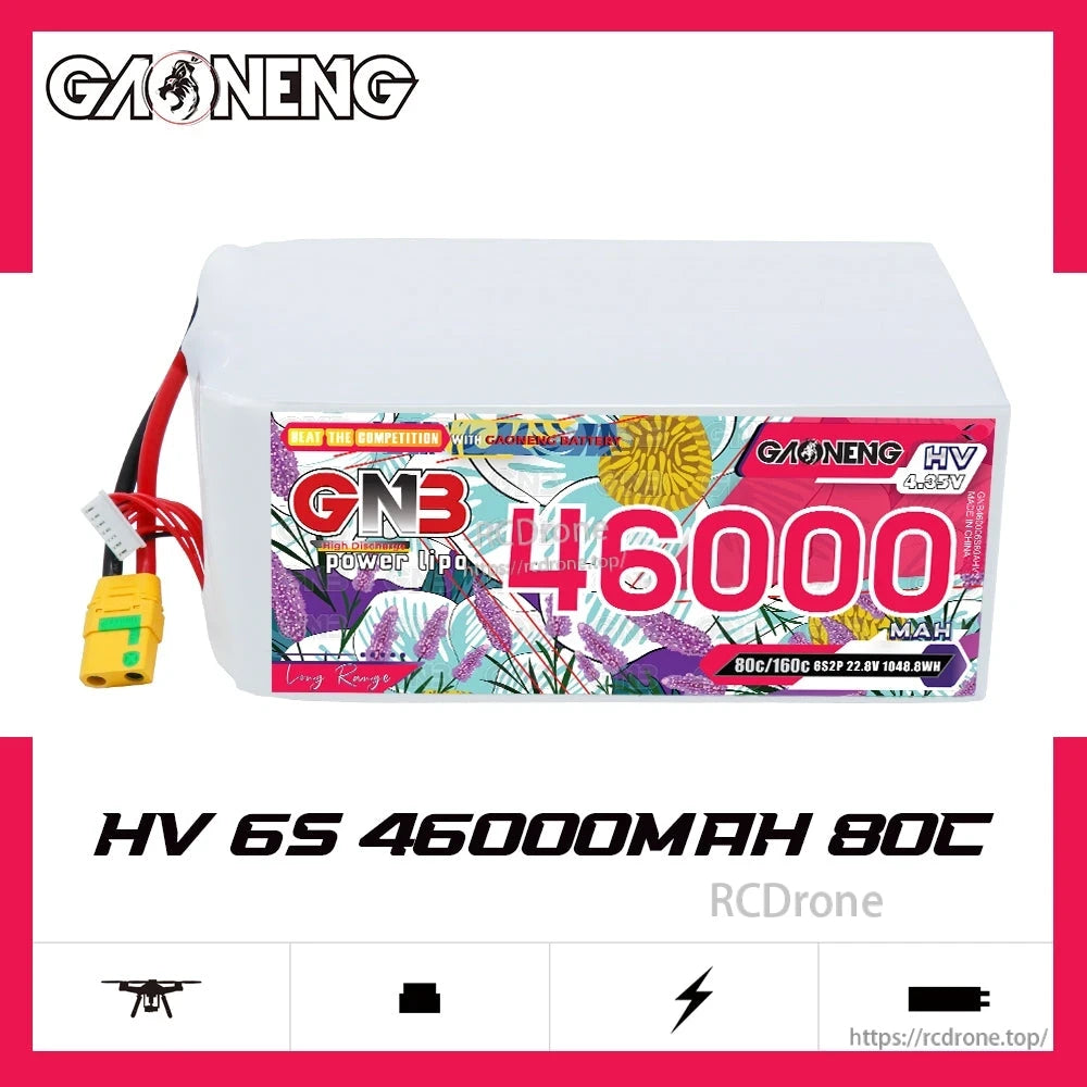 GNB HV 6S 46000mAh 80C LiPo battery pack front label view with discharge lead and balance plug