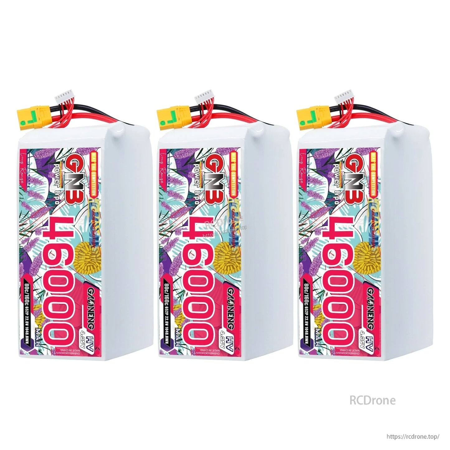 Three GNB 46000mAh HV LiPo battery packs lineup, front label side with XT90S connectors