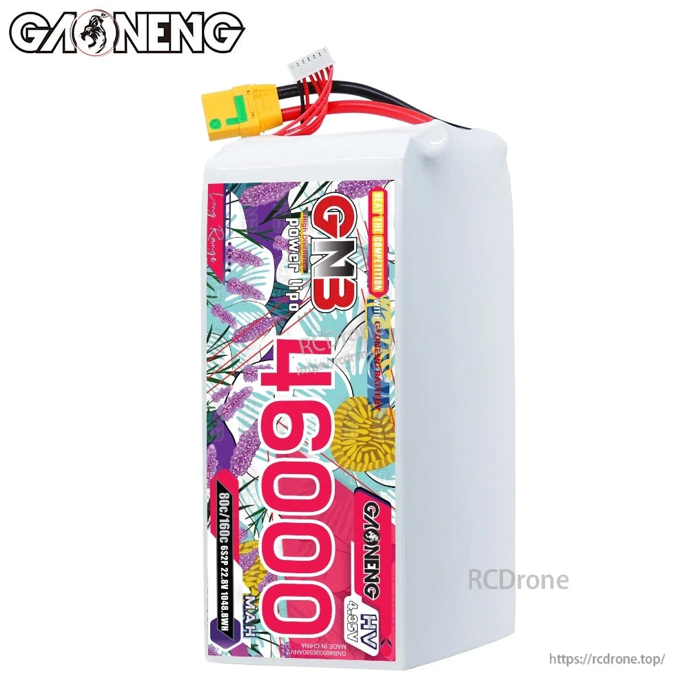 Side view of GAONENG GNB 46000mAh HV LiPo battery showing label panel and top wire exit