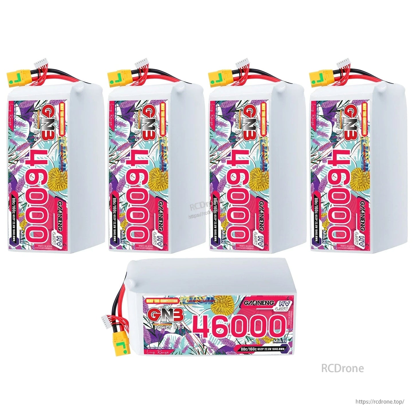 Group display of multiple GNB 46000mAh HV LiPo packs plus one pack shown horizontally, connector visible