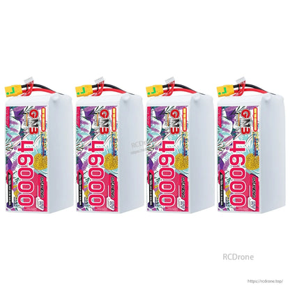 Four GNB 46000mAh HV LiPo battery packs lineup, front label side with XT90S connectors