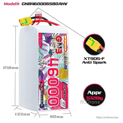 GNB460006S80AHV battery dimensions diagram with XT90S-F anti-spark connector and approx weight 5126g