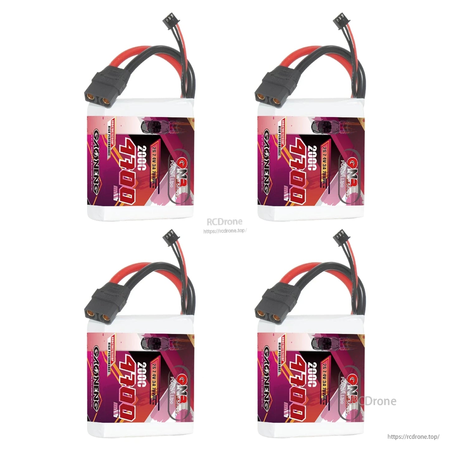 Four GAONENG 4700mAh 2S LiPo batteries displayed in a 2x2 layout with XT90 leads