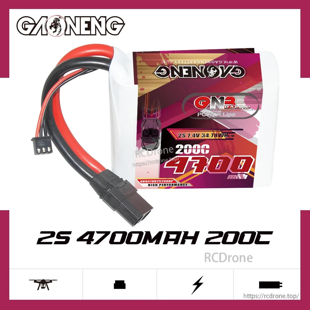 GNB 2S 4700mAh 200C LiPo battery promo graphic with GAONENG branding and XT90 lead
