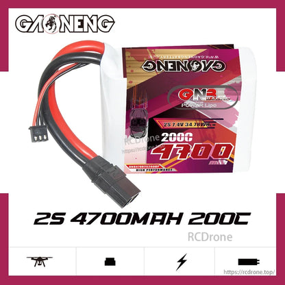 GNB 2S 4700mAh 200C LiPo battery promo graphic with GAONENG branding and XT90 lead