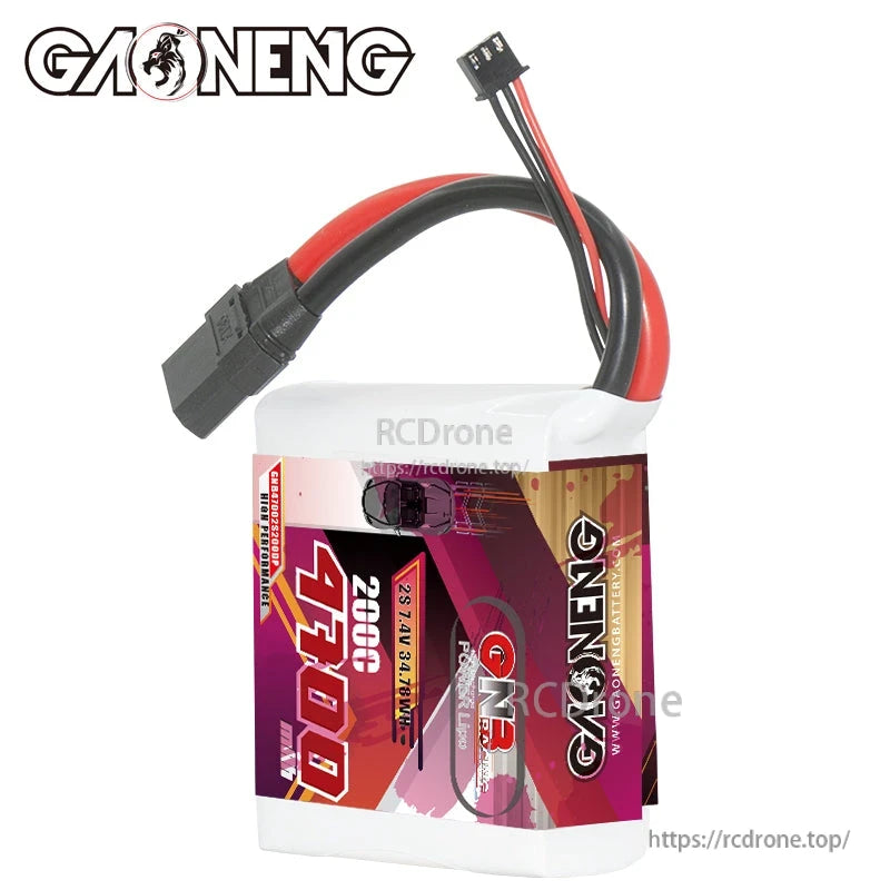 Upright view of GAONENG 4700mAh 2S LiPo battery showing XT90 discharge lead and balance plug
