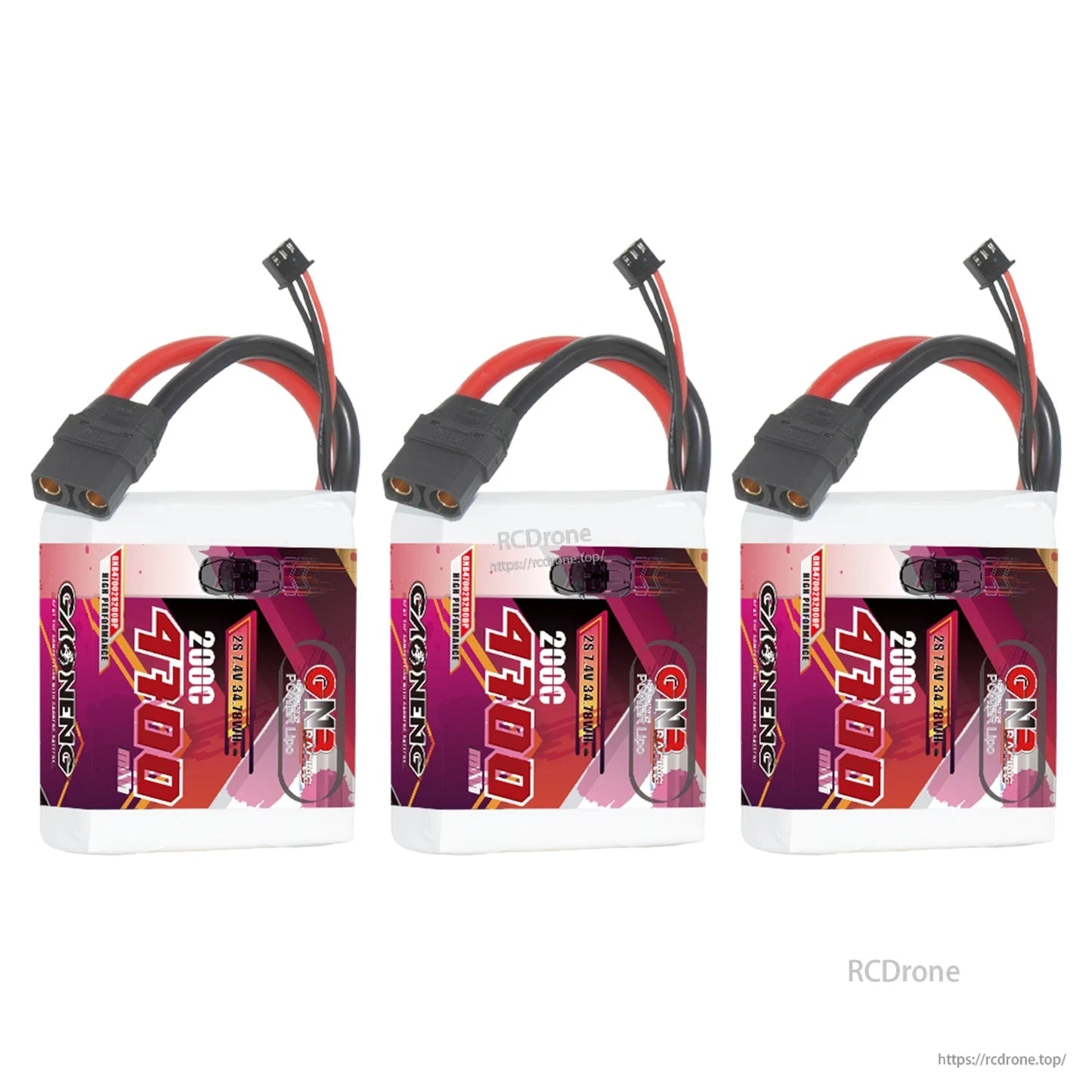 Three GAONENG 4700mAh 2S LiPo batteries shown side by side with XT90 connectors