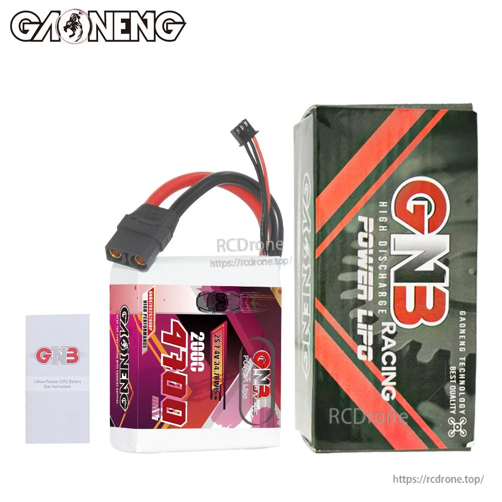 Package contents: GAONENG 4700mAh 2S LiPo battery with retail box and small GNB sticker card