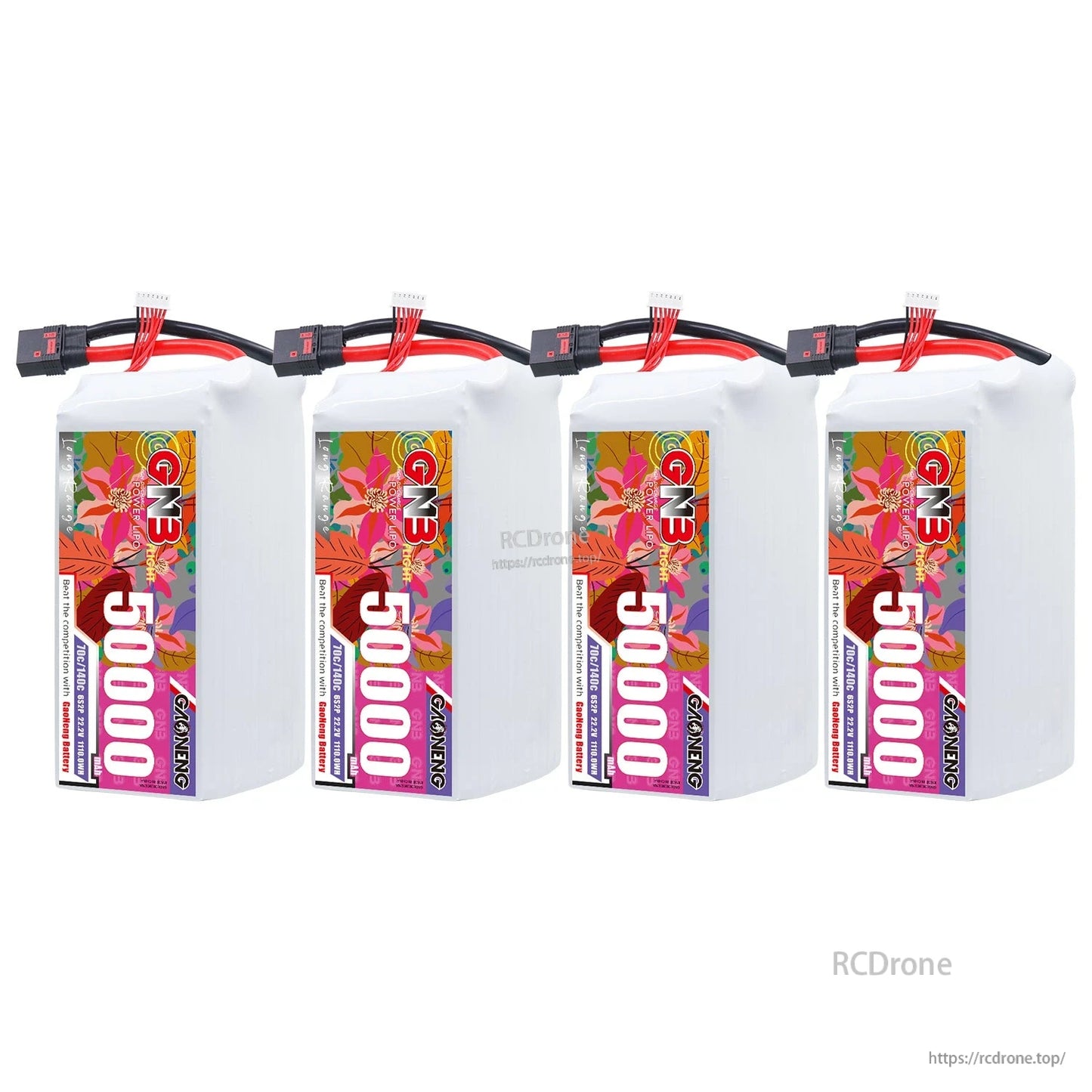 Four GNB 50000mAh battery packs lined up, front label view