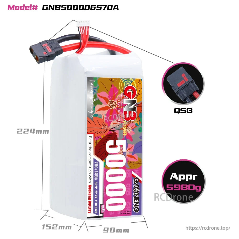 Battery dimensions diagram showing QS8 connector and approximate weight 5920g for 6S pack