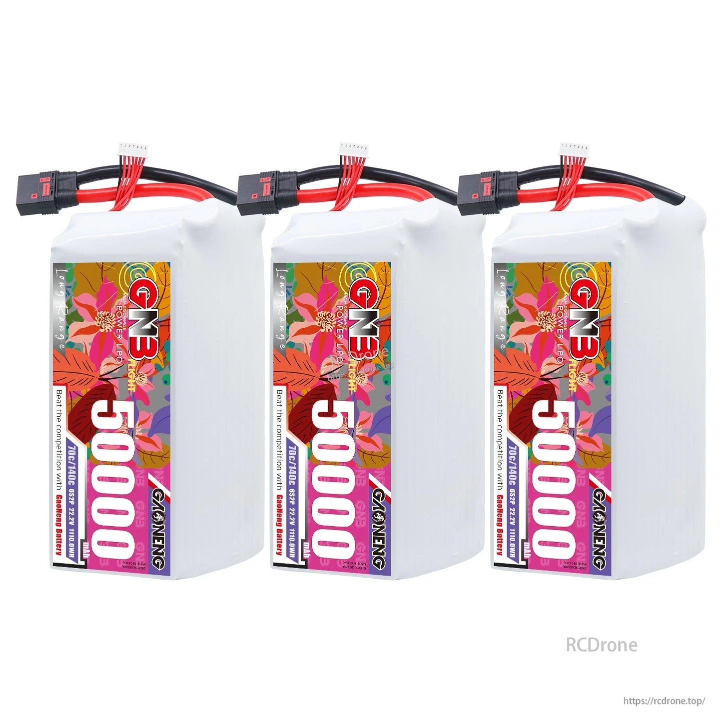 Three GNB 50000mAh battery packs lined up, front label view