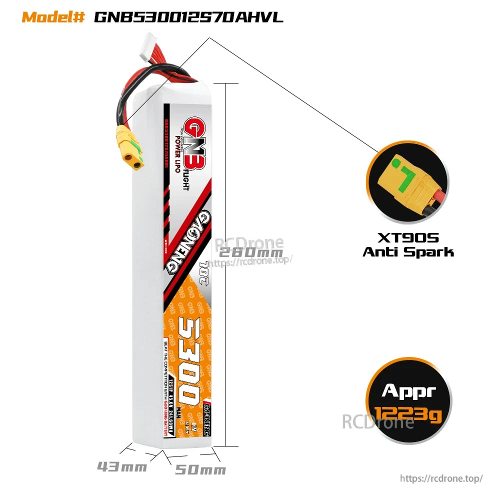 GNB530012S70AHVL battery dimension diagram with XT90S anti-spark connector and approx weight