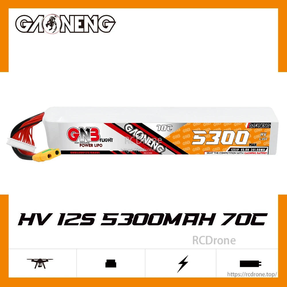 GAONENG GNB HV 12S 5300mAh 70C LiPo battery banner graphic with side profile