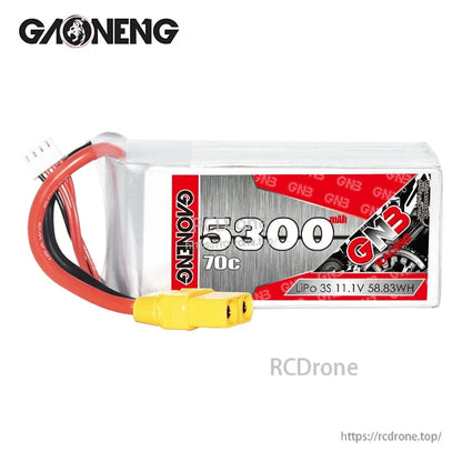 Front label close view showing 5300mAh 70C and LiPo 3S 11.1V 58.83Wh text with XT90 connector