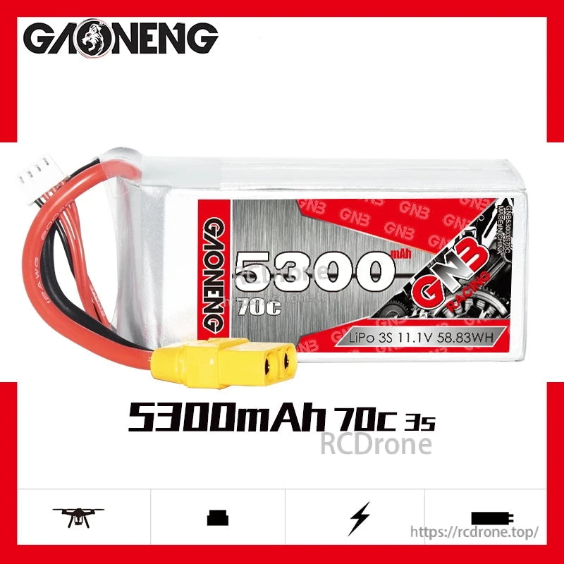 GAONENG GNB 5300mAh 70C 3S LiPo battery promo graphic with front label and connector shown