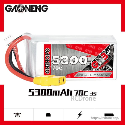 GAONENG GNB 5300mAh 70C 3S LiPo battery promo graphic with front label and connector shown