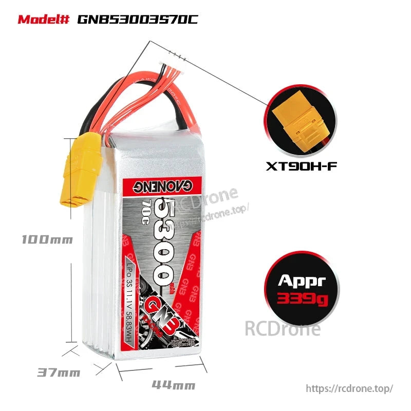 GNB53003S70C battery size and connector diagram showing 100×44×37mm, XT90H-F plug, approx 339g