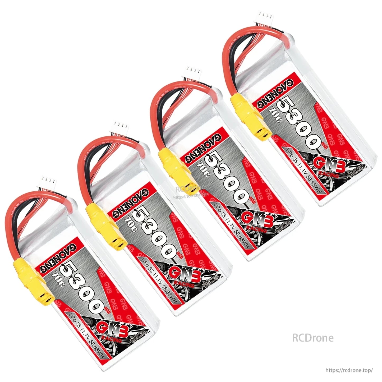 Four GNB 5300mAh 70C LiPo batteries arranged diagonally, each with yellow XT90 connector