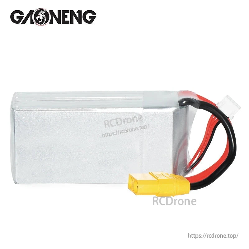 Rear side of silver LiPo pack showing plain casing, wire exit, XT90 connector and balance plug