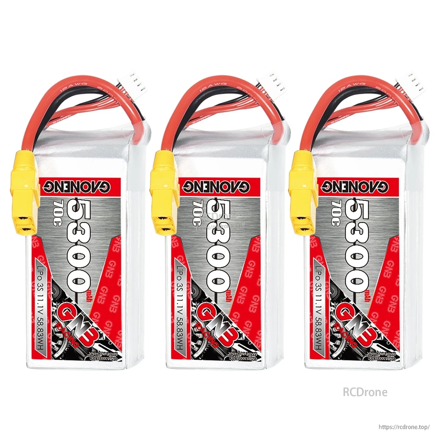 Three GNB 3S 5300mAh 70C LiPo batteries shown upright with XT90 connectors and balance leads