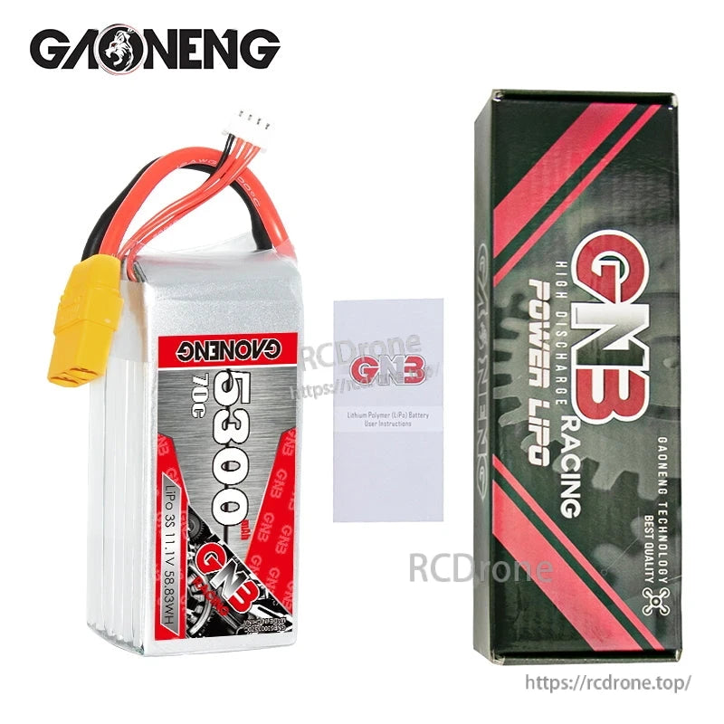 Package contents: GNB 5300mAh 70C LiPo battery, GNB Racing Power box, and instruction leaflet