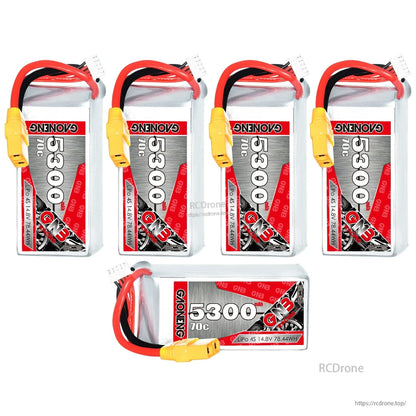 Bundle layout with five GAONENG 5300mAh 70C LiPo batteries, four upright and one horizontal