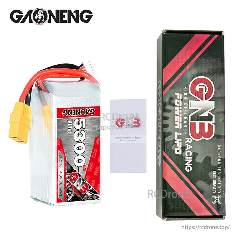 Package contents: GAONENG 5300mAh battery with instruction card and GNB Racing retail box