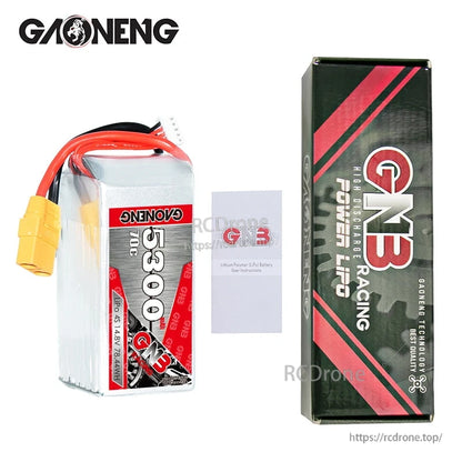 Package contents: GAONENG 5300mAh battery with instruction card and GNB Racing retail box