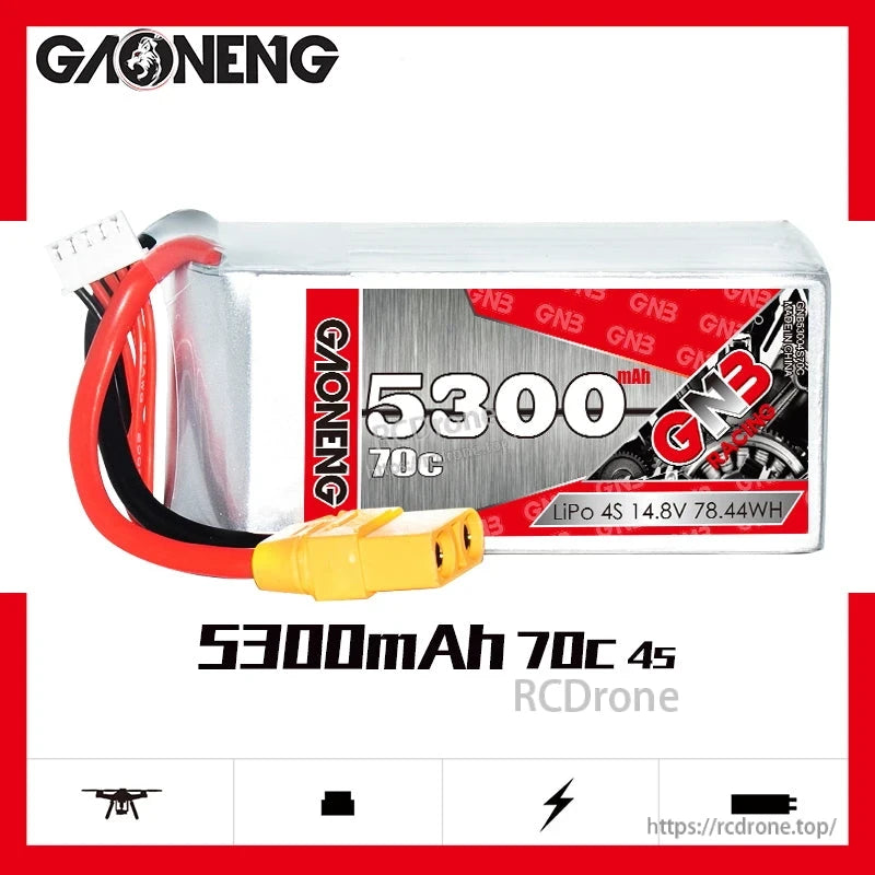 GNB53004S70C 4S 14.8V 5300mAh 70C LiPo battery product graphic with specs text and icons